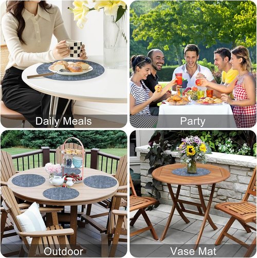 Homaxy Round Faux Leather Placemats - Washable Dual-Sided Table Mats Set of 6 | 13" & 3.93" - Blue