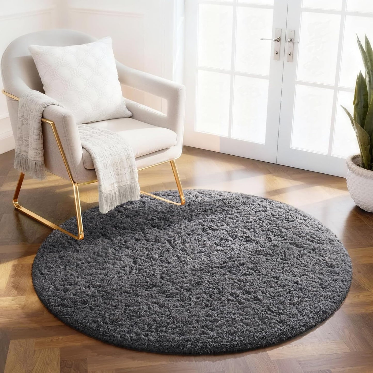 Ophanie Round Rug - 2Ft Grey Circle Area Rug | Fluffy Soft Shaggy Carpet for Kids' Rooms & Nursery