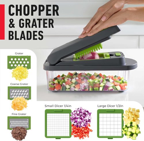 Mueller Pro-Series 10-in-1 Vegetable Chopper - 8 Blades for Efficient Cutting & Dicing | Gray/Green