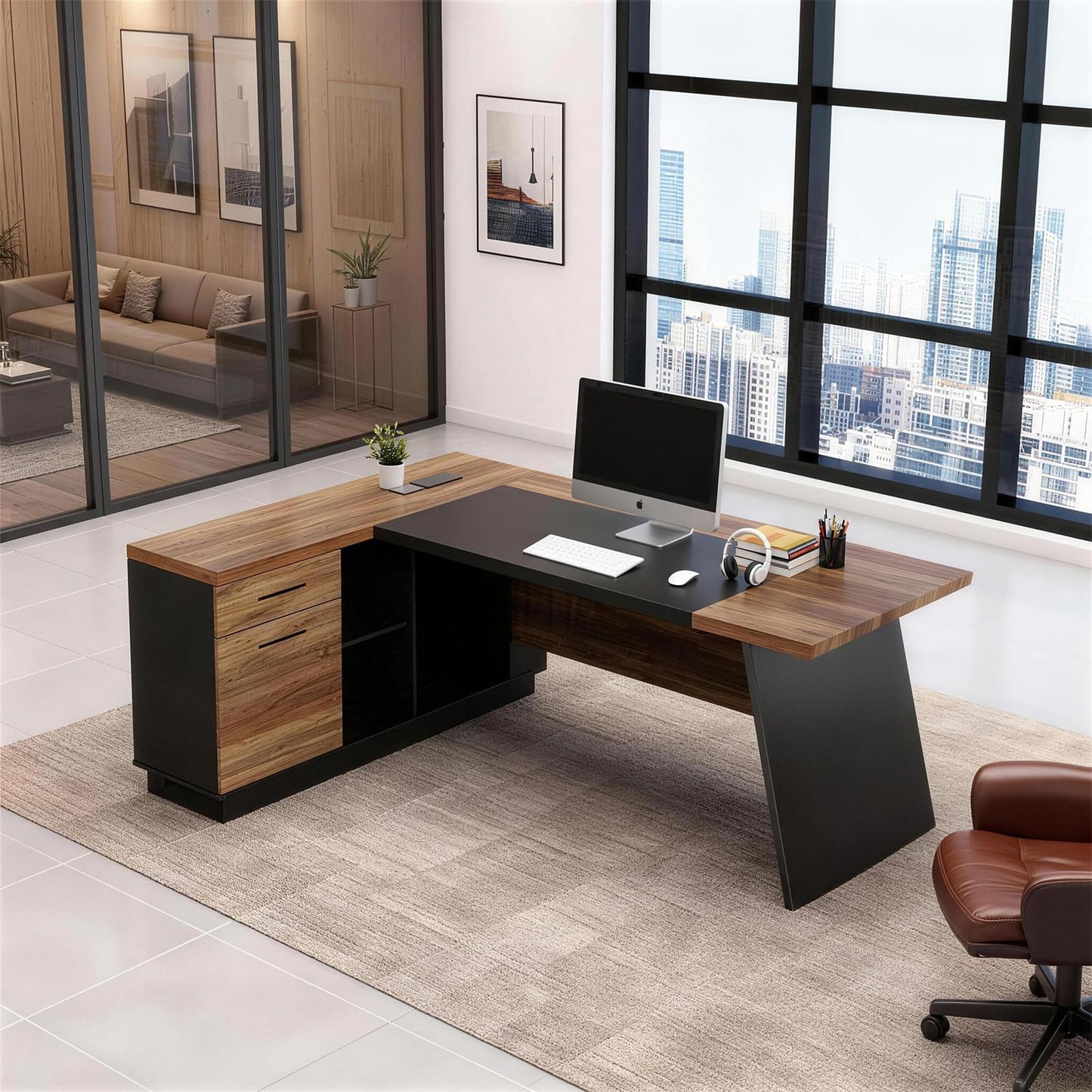 ONNAHOMEStlyle 78.74 Inch L Shaped Office Desk with Drawers & Built-in Power Access, Large Executive Workstation with Storage Cabinet, Modern Wooden Desk for Business or Home Office (claybank, Left)