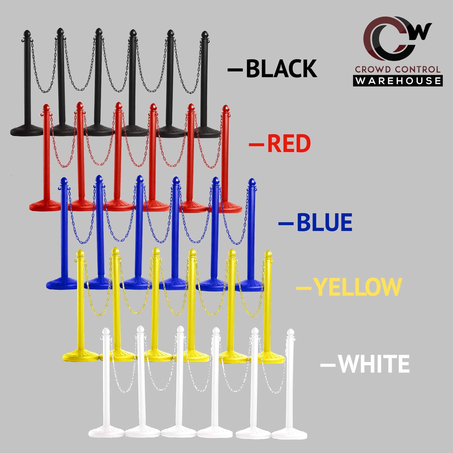 Montour Line Plastic Stanchion Yellow 2.5 Inch Diameter with 50 Foot Chain, 6-Pack, Crowd Control Barriers