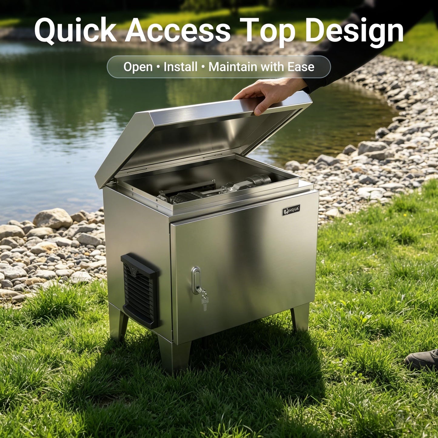 HQUA PRO Stainless Steel Pond Aerator Pump Cover Cabinet, Corrosion-Resistant Outdoor Protection System with Cooling Fan, Pre-Wired Outlet & 10 ft Power Cord, Heavy-Duty Enclosure