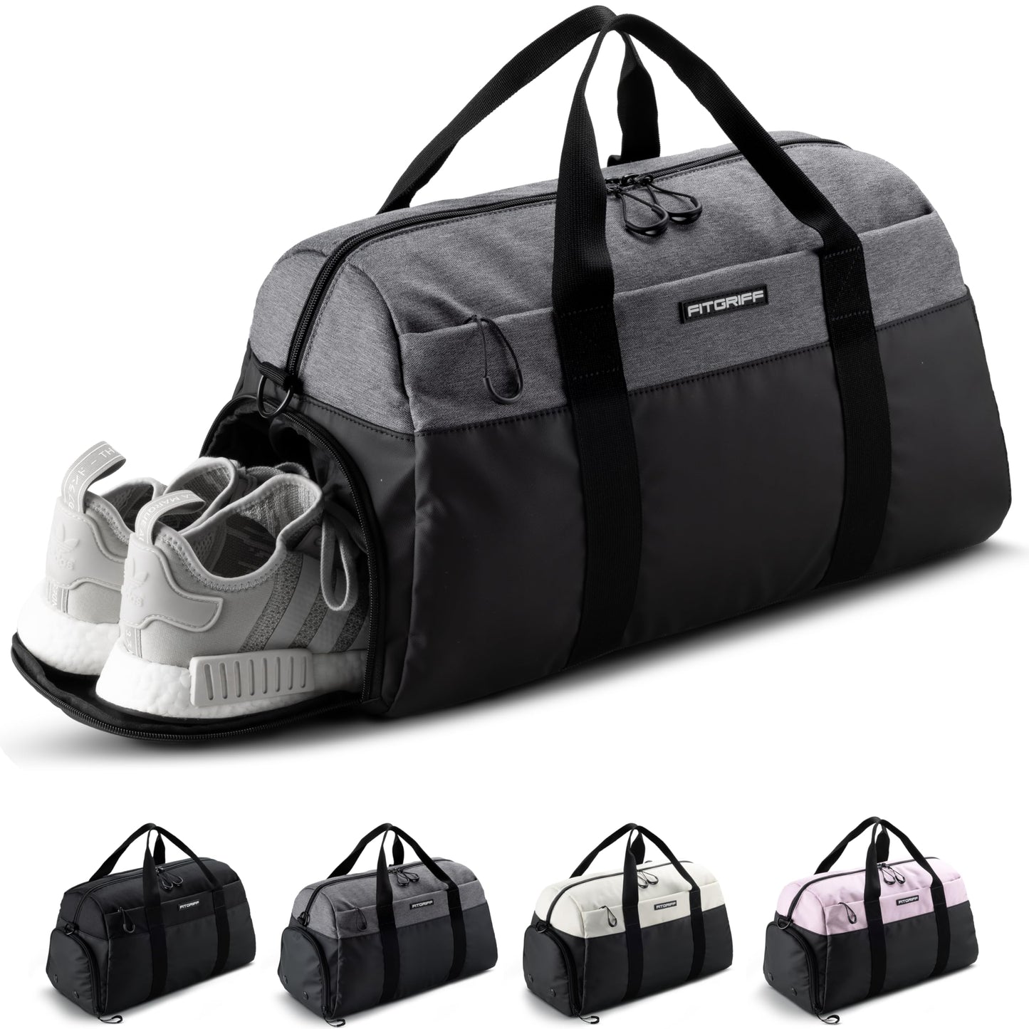 Fitgriff® Gym Bag V2 for Men and Women with Shoe & Wet Compartment - Duffle Bag for Travel, Sports, Fitness and Workout (Black/Grey, 19 x 10 x 11″ (Small))