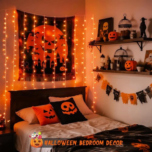 JMEXSUSS 300LED Orange Halloween Lights - 9.8x9.8ft Curtain String Lights with Remote | 8 Modes for Indoor/Outdoor Decor