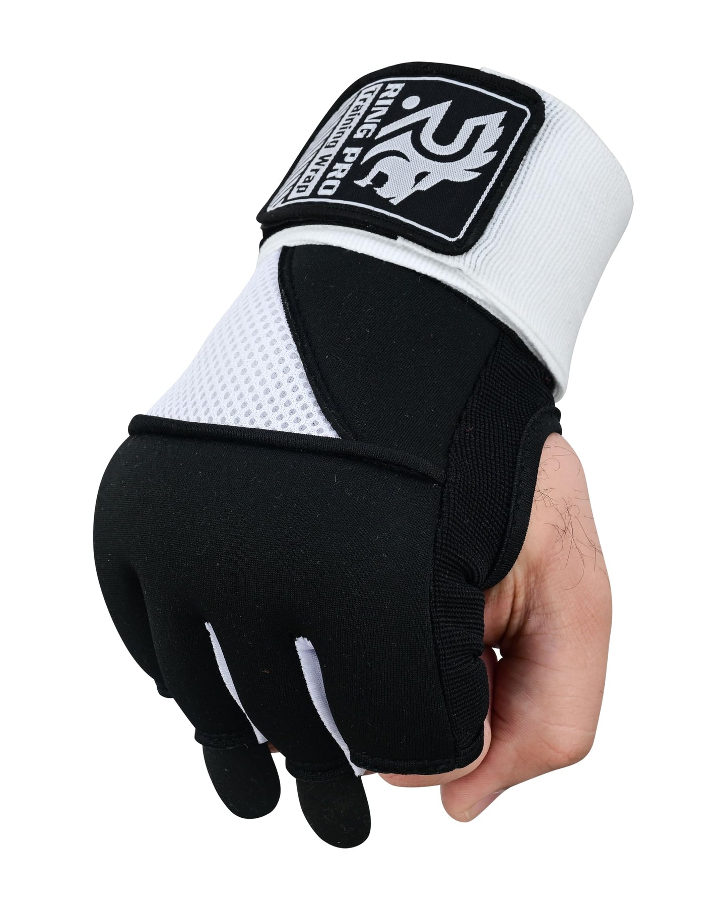 RING PRO Boxing Gel Hand Wraps Quick Inner Gloves with Wrist Support, Woven Elastic Training Wraps for Boxing, MMA, Muay Thai & Kickboxing, Men & Women (Black/White, X-Large)