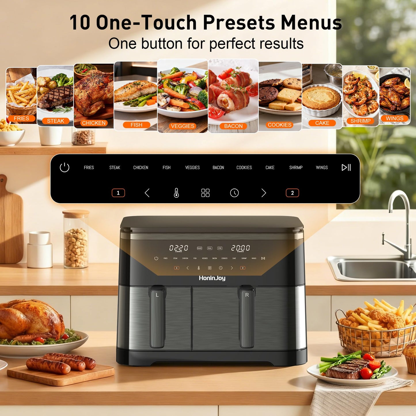 HoninJoy 12QT Large Air Fryer with Dual Basket (4QT+8QT), 13-in-1 Digital Touchscreen Double Zone Air Fryers with 50pcs Paper Liners, Sync & Dual, for Bake, Roast, Shake Reminder, Dishwasher Safe