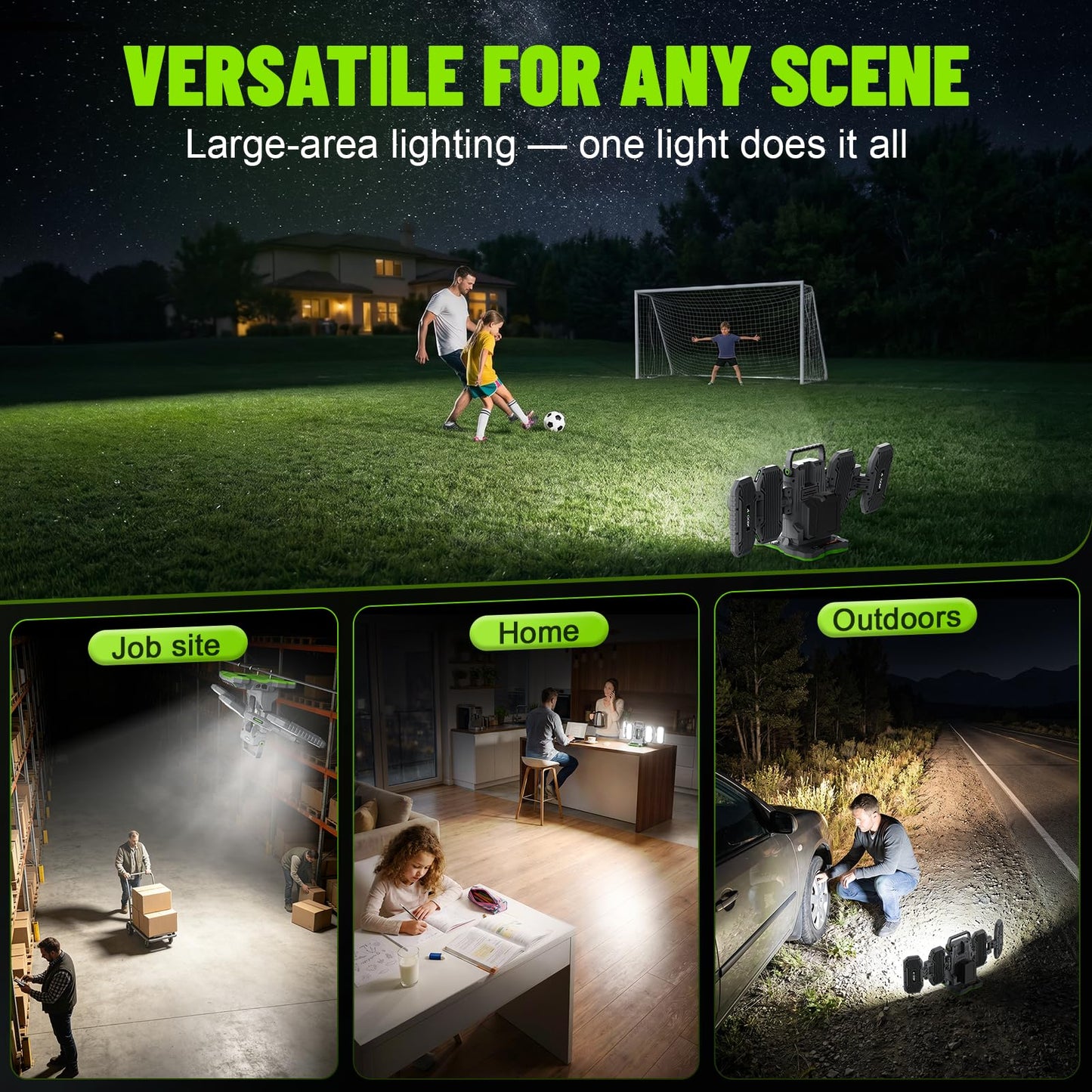 Azocek 10,000LM Portable LED Work Light Compatible with Milwaukee 18V Battery, 6 Brightness + Boost Mode, 5 Color Temps, Foldable 4-Panel with Detachable Mini Light, Tripod Mount & Hook (Tool Only)