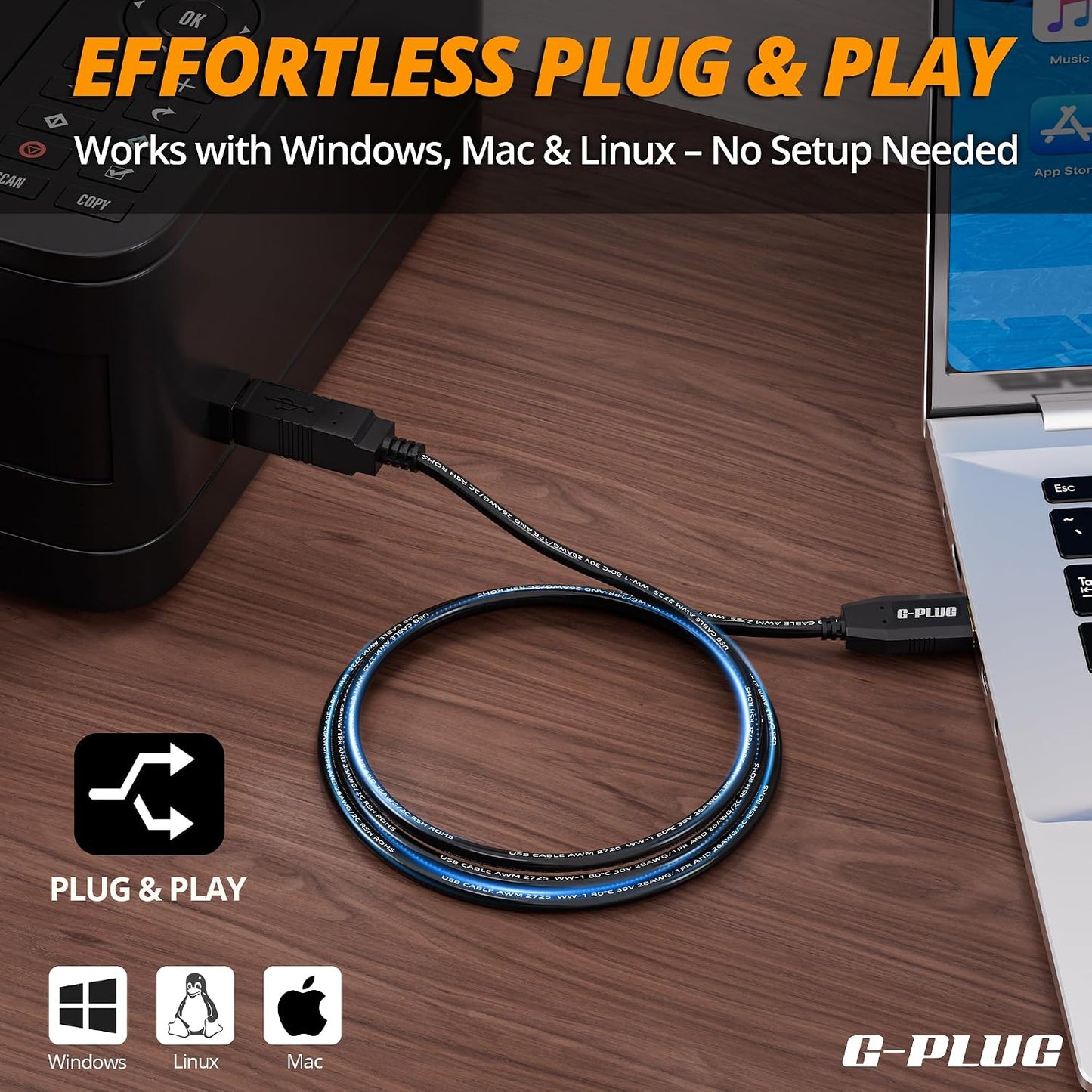 2.0 6FT G-PLUG USB Printer Cable High-Speed USB A to B Cord, Compatible with Printers, Scanners, Fax Machines and More