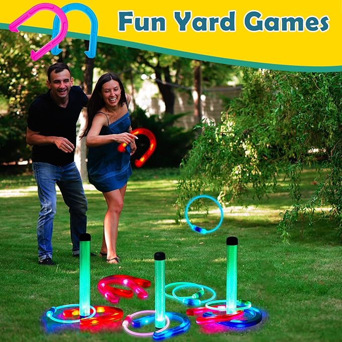 Liliful 20 Pcs Ring Toss Glow in Dark Games Valentines Outdoor Ring Toss Games with LED Yard Ring Toss Game Outdoor Games for Family Adults Lawn Backyard Camping Glow Party Games