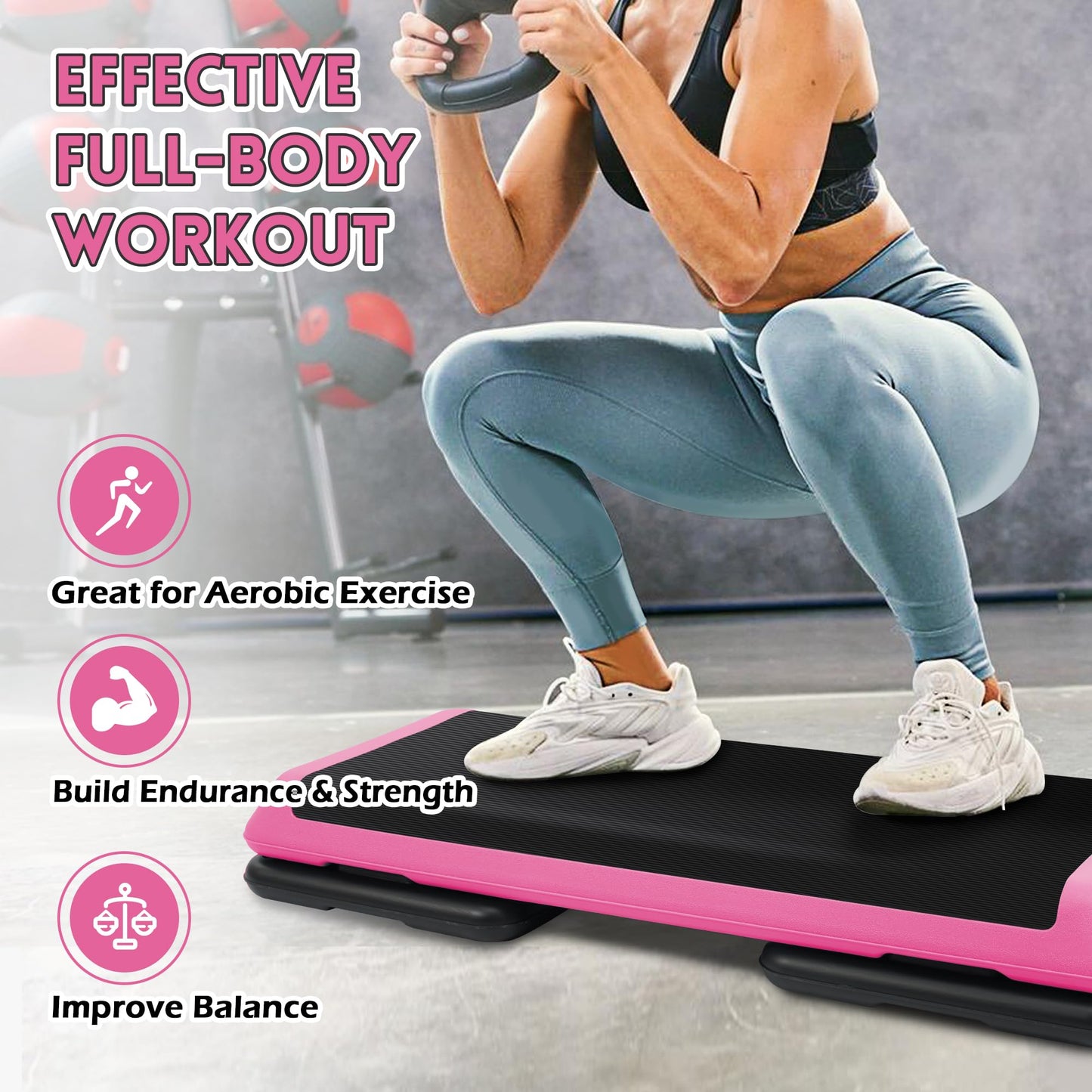 Fitvids 43''x 16'' Adjustable High Step Aerobic Step Platform with 4 Stackable Risers, Workout Step Platform for Exercise at Home, Stepper with Non-Slip Surface for Fitness Training, Cardio Strength, Pink