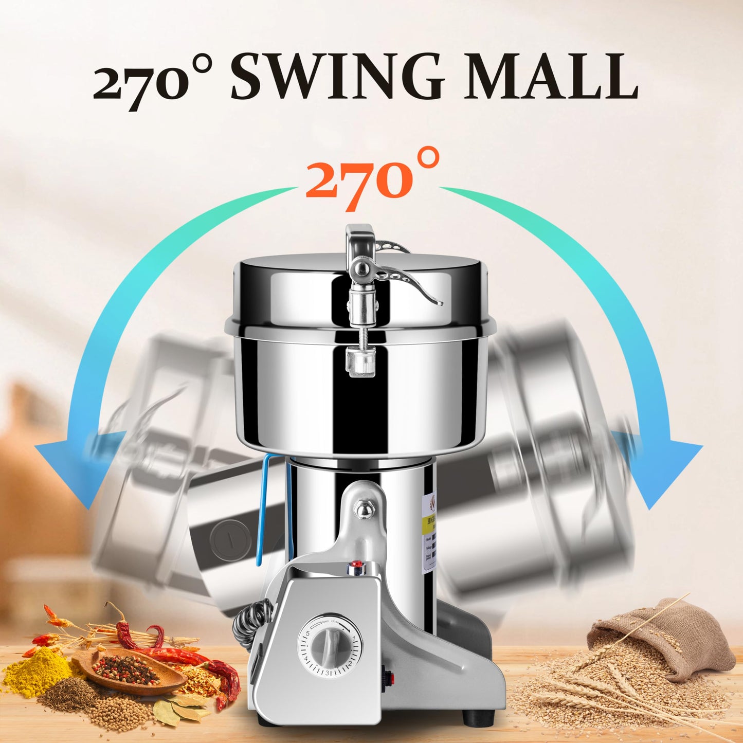 INSELY 1000g Grain Mill Grinder High Speed Food Grain Mill Stainless Steel Seeds Flour Wheat Nut Spices Corn Pill Herbs & Seasonings Dry Grinder Electric Machine Grinder for Kitchen