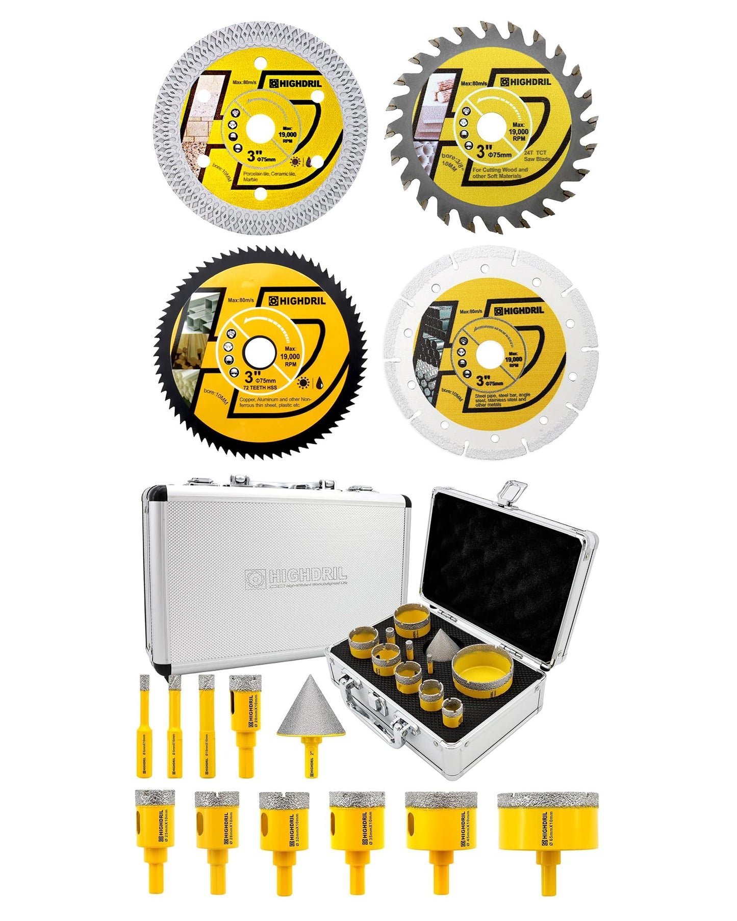 HIGHDRIL 3" 75mm Circular Saw Blade Set 4pcs and HIGHDRIL 11Pcs Diamond Hole Saw Kit