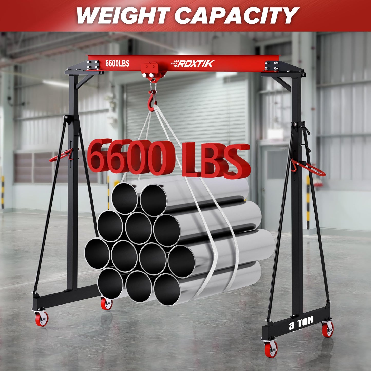 RDXTIK 3 Ton Gantry Crane with Manual Trolley, 6600LB Portable Shop Crane with 8.53-12.47 FT Adjustable Height and 9.06FT Max Width, Red
