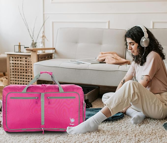 Bago Foldable Duffel Bags for Traveling Women & Men - 60L Medium Packable Duffle Bag for Travel with Shoe Compartment - Water Repellant, Heavy Duty, Lightweight Folding & Collapsible (Pink)