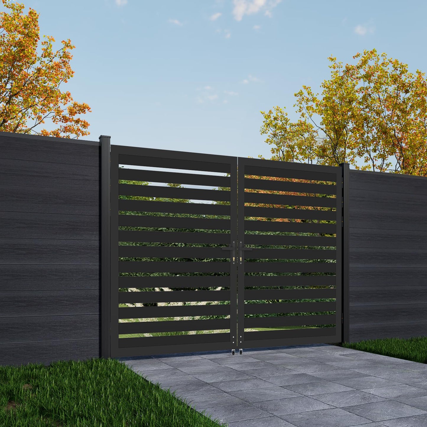 Mondaria Aluminum Double Fence Gate, 6FT H x 10FT W Outdoor Driveway Privacy Gate with Heavy Duty Metal Frame, Rustproof Powder-Coated Gate with Lockable Handle Kit, Horizontal Slat (Without Post)