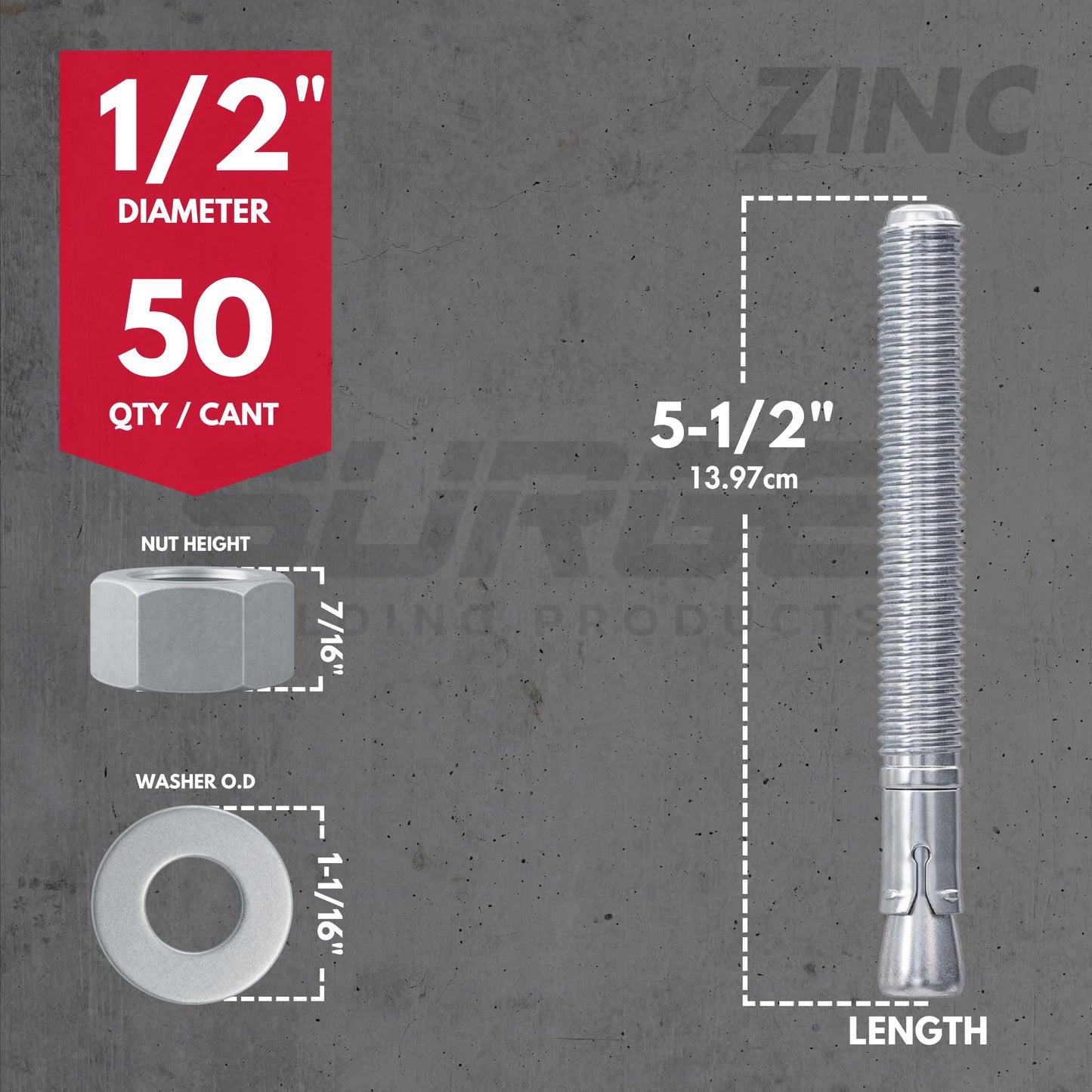 1/2" x 5-1/2" Zinc-Plated Wedge Anchors for Concrete and Cement | Heavy-Duty 1/2 Concrete Anchor Bolts (Box of 50)