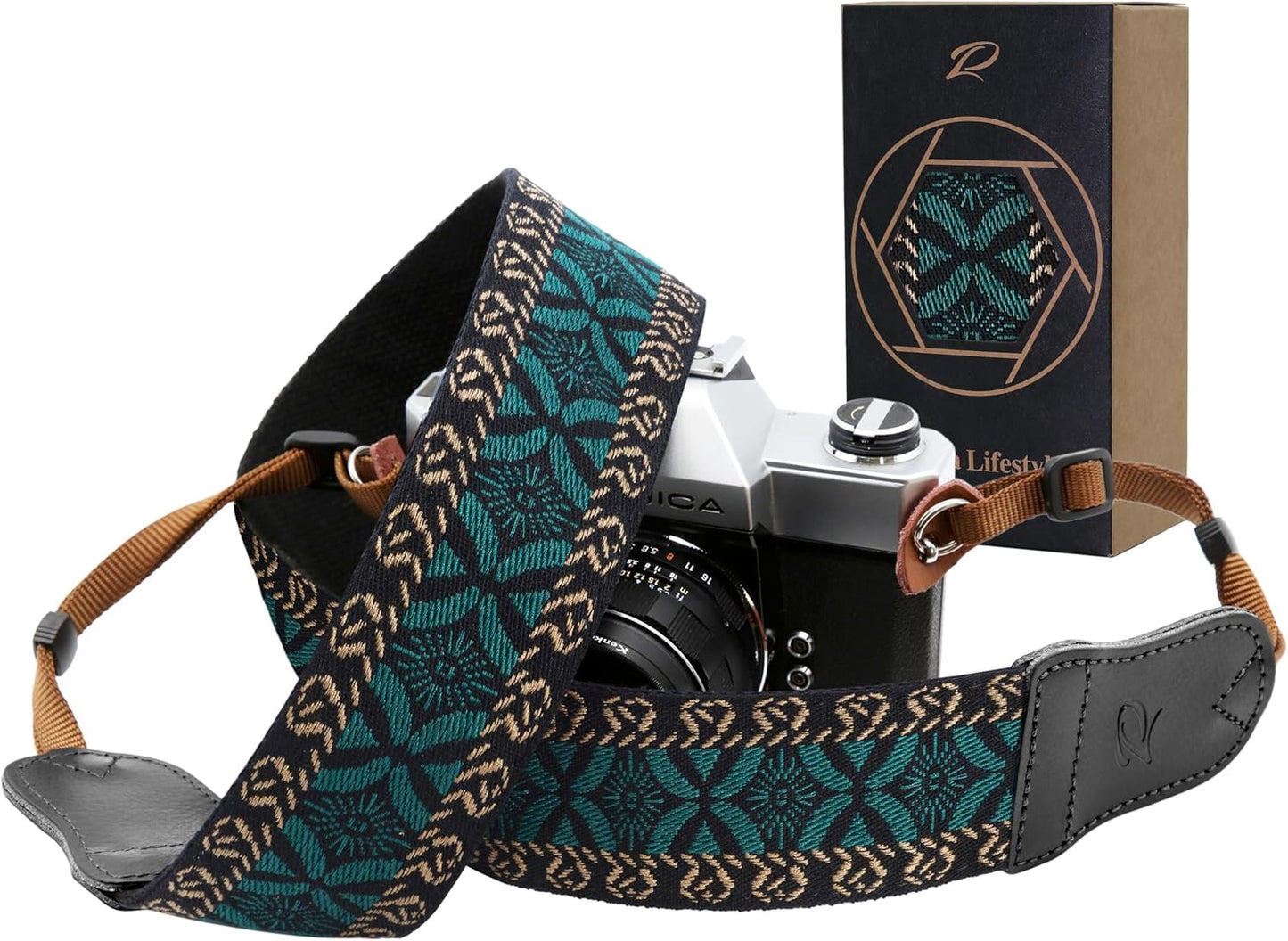 Ends,2" Padwa Lifestyle Mystic Green Embroidered Camera Strap - Double Layer Cowhide Cotton Vintage Camera Straps
