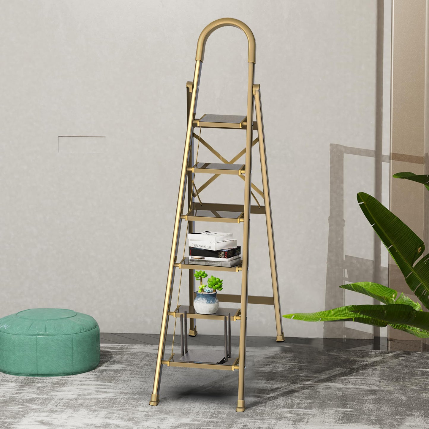 GameGem Lightweight Aluminum 6 Step Ladder for 12 Feet High Ceiling, Folding Step Stool Stepladders with Anti-Slip and Wide Pedal for Home and Kitchen Use Space Saving (Gold)