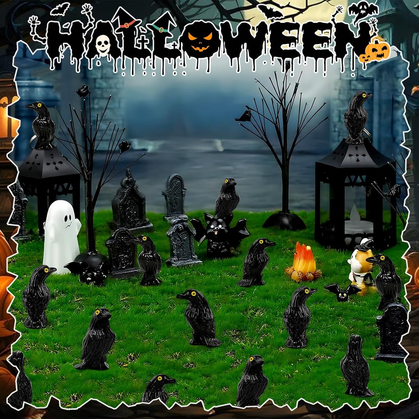 Skiennix Miniature Crows Figures - 36pcs Tiny Black Raven Figurines for Halloween Decor & Cupcake Toppers