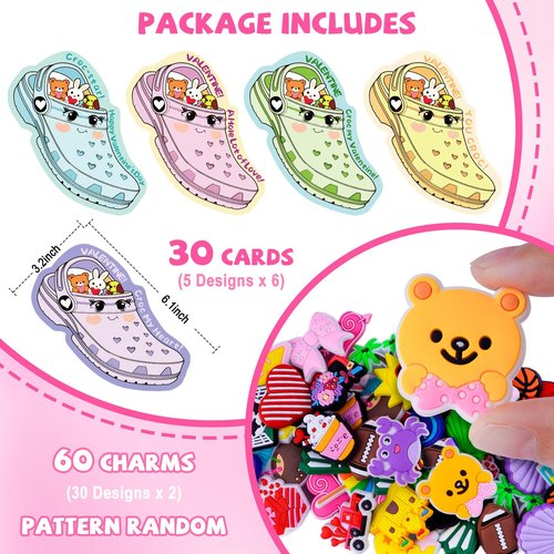 FloraSea Valentines Day Cards for Kids School Classroom, 30pcs Valentine's Cards with 60 Shoe Charms for Boys & Girls, Valentine Classroom Exchange Gift Party Favors