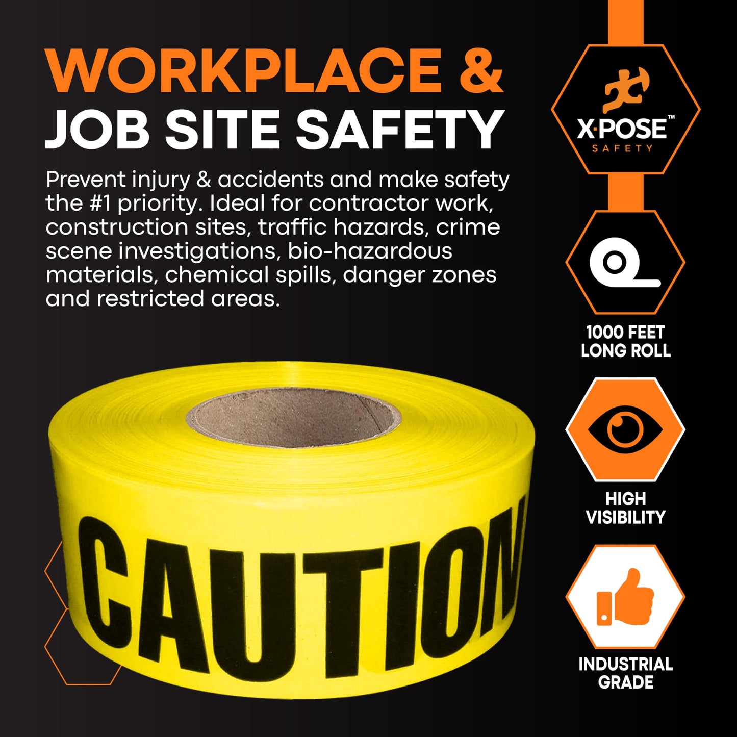 Xpose Safety Yellow Caution/Cuidado Tape – Bulk (24 Rolls) – 3" x 1000' High-Visibility Barricade Tape for Construction Sites, Hazards, Crime Scenes & Halloween Decorations