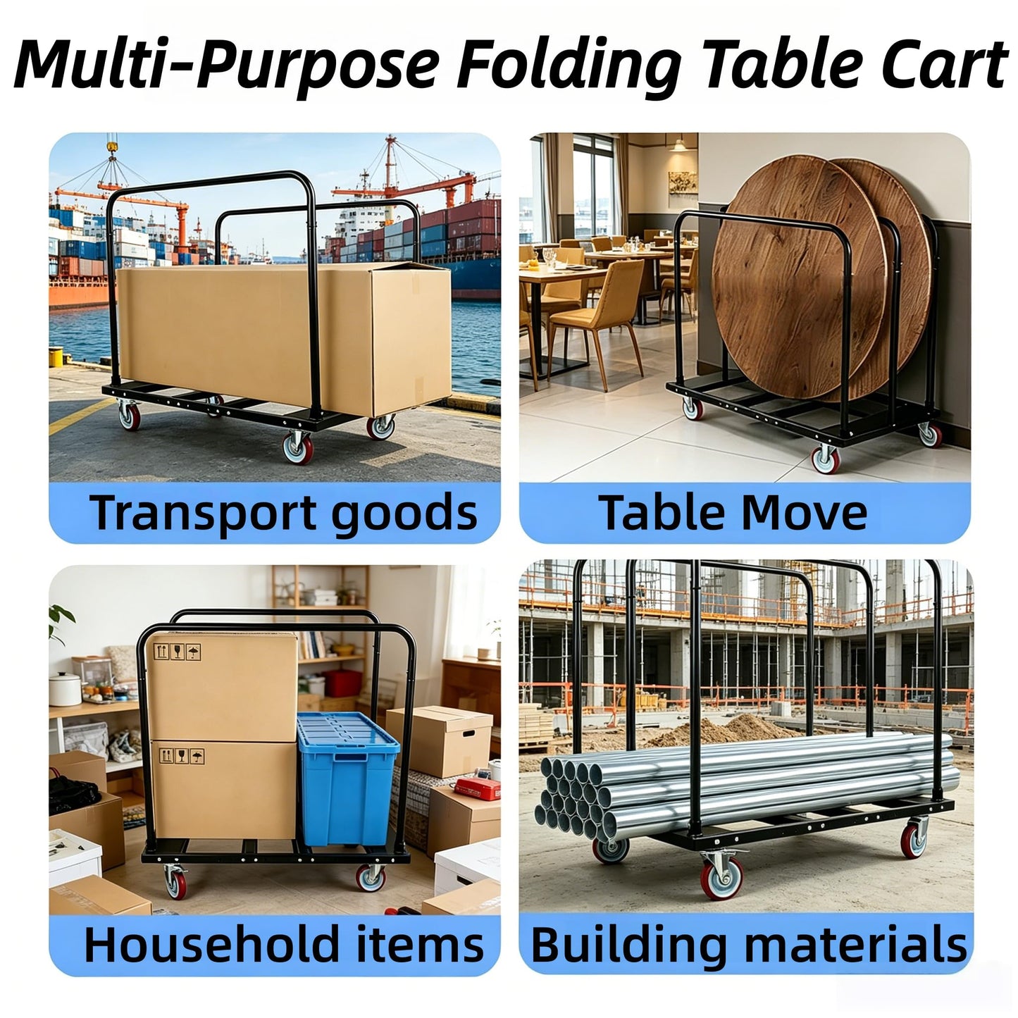 Multi-Purpose Heavy Duty Moving Folding Table Cart, 1800 LBS Load Capacity Drywall Dolly with 5" Swivel Wheels, 10-Table Capacity for Party, Event, Hotel, Warehouse & Furniture, Factory