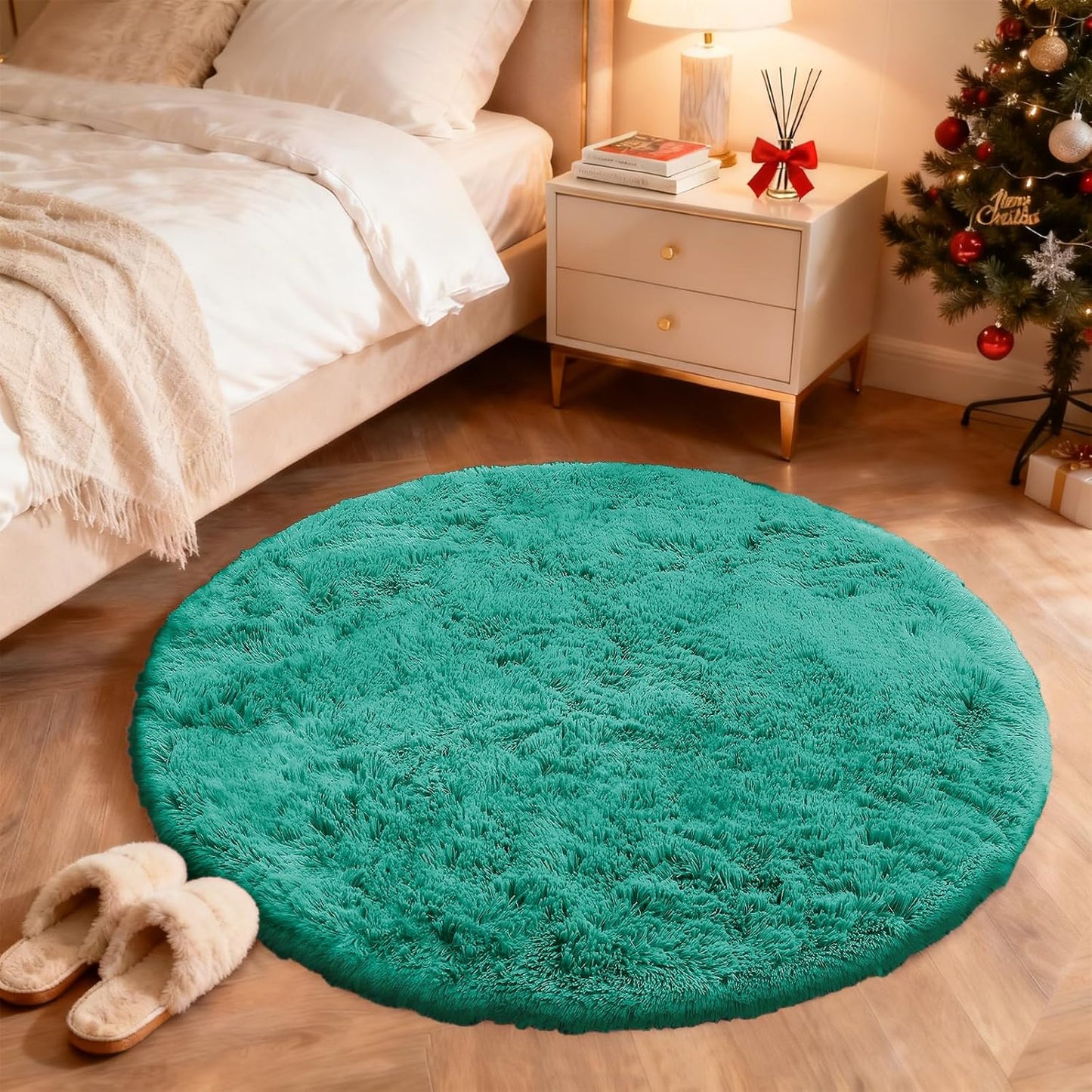 OLANLY Teal Green Round Area Rug - Soft, Fluffy, Machine Washable 8 ft Circle Carpet for Bedroom & Living Room