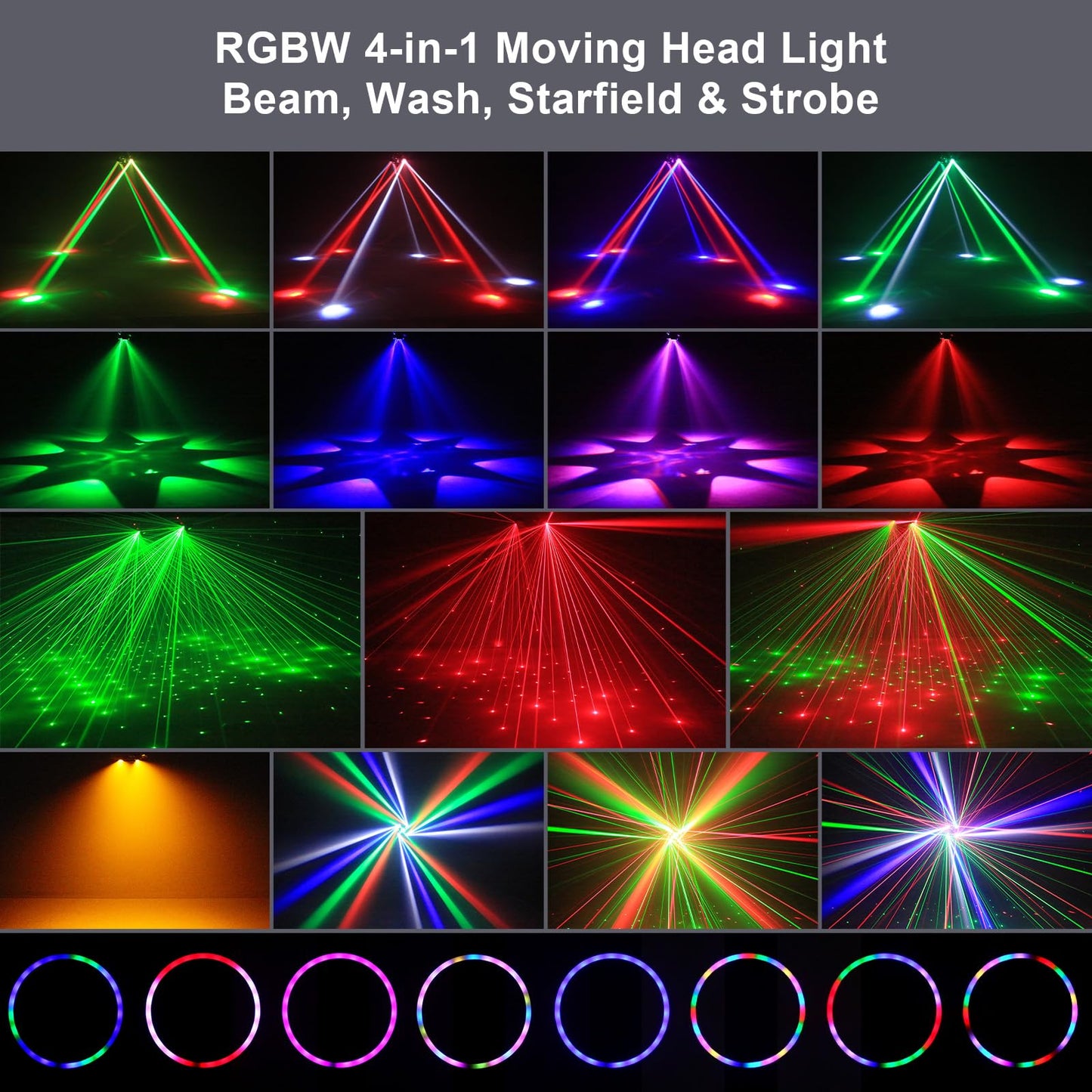 120W Stage Moving Head Light,4 Arms RGBW 4-in-1 Stage Lighting Beam/Wash/Red Green Starry Sky Golden Strobe RGB Halo Effect Light,Sound-Active/DMX/Remote Control for Party Club Stage Show