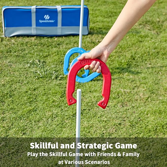 Horseshoes Outside Game Set - Universal Size Lawn Horseshoes Outdoor Games for Parties Beach Backyard, Includes 4 Horseshoes, 2 Steel Stakes and Durable Carrying Bag