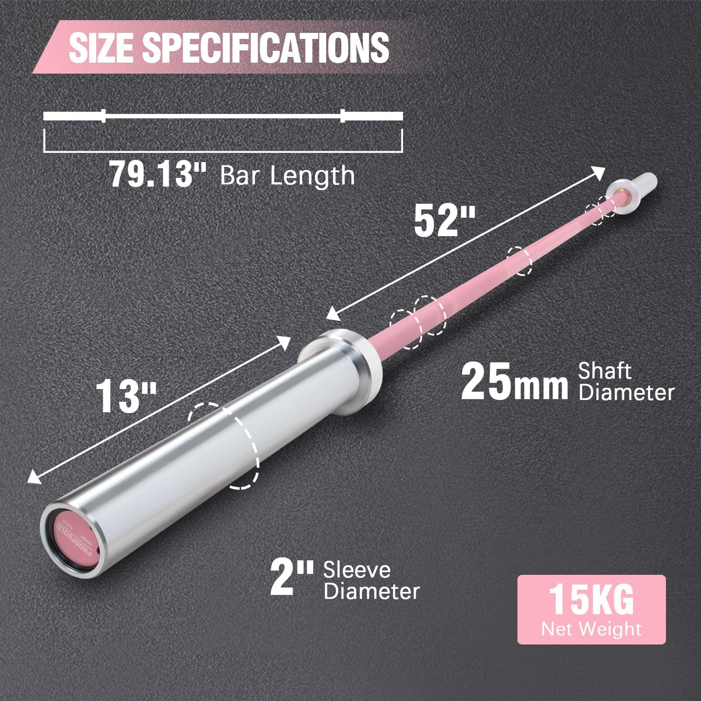 PROOFGOLD 6.6ft Olympic Barbell Bar,35Lb(15kg) Womens Barbell,Bench Press Bar for Squats and Deadlifts,2 Inch Olympic Weight Bar for Home Gym,500LB,Silver&Pink