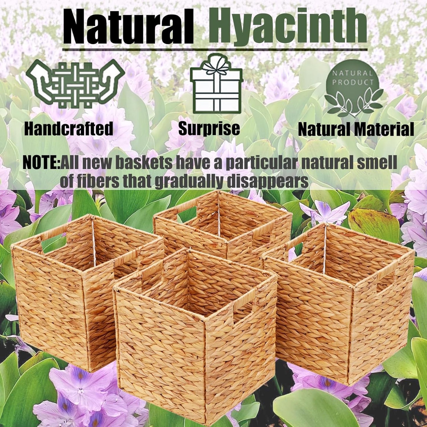Regine Switzerland Storage Baskets - 4 Pcs Foldable Handwoven Water Hyacinth Bins | 11x11in Square Design for Laundry Organization