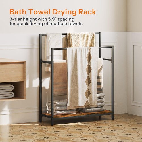 HOOBRO Extra Large Free Standing Towel Rack, 3 Tier Blanket Rack, Blanket Holder for Bathroom, 32.3" L x 11.4" W x 39.4" H, for Living Room, Bedroom, Rustic Brown and Black BF30LB01