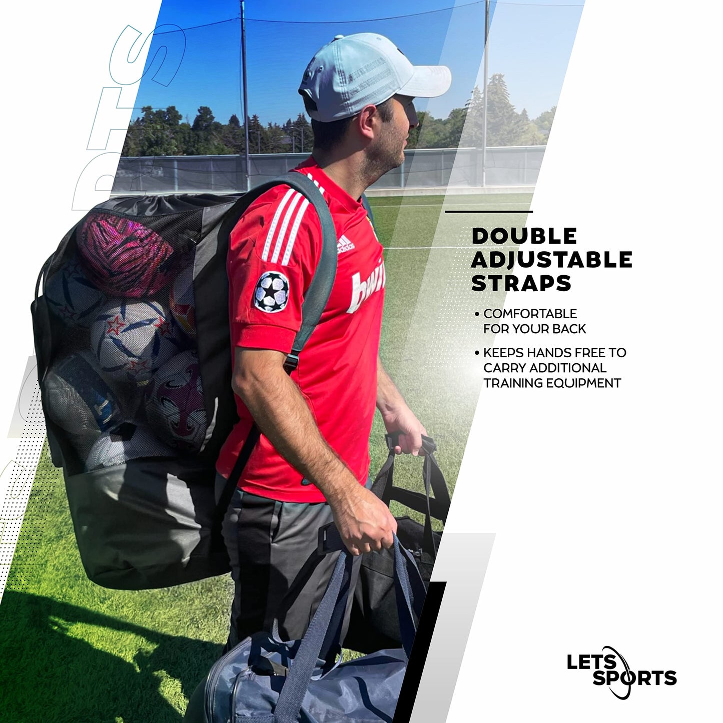 LETS Sports Soccer Ball Bag for Basketball, Volleyball & Football | Large Drawstring Ball Bags Mesh | Heavy-Duty Soccer Ball Bags for Coaches | Equipment Bag w/Shoulder Strap | 37" x 17" - Grey Black