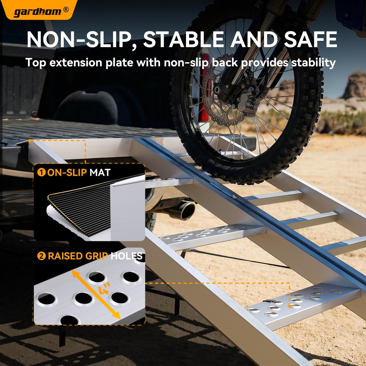 gardhom Aluminium Motorcycle Ramp with Steps, 900 LBS Capacity Folding Dirt Bike Ramp for Pickup Trucks, Portable Loading Ramps for Motorcycle, Dirtbike, Bike