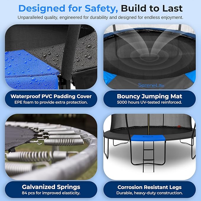 SereneLife 8FT 10FT 12FT 14FT Outdoor Trampoline for Kids - Recreational Backyard Trampoline with Curved Safety Poles, Net Enclosure, Ladder & Basketball Hoop - ASTM Approval for Kids Adults