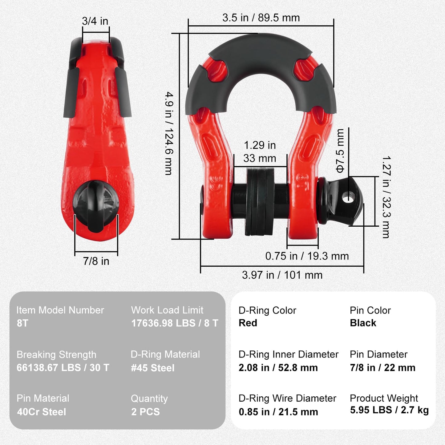 VEVOR 3/4" D Ring Shackle, Red Shackles for Truck with 7/8” Screw Pin 66139 lbs (30 Ton) Break Strength Black Isolator Washers Kit, Winch Towing Shackle for Truck Jeep Heavy Duty Off Road Recovery