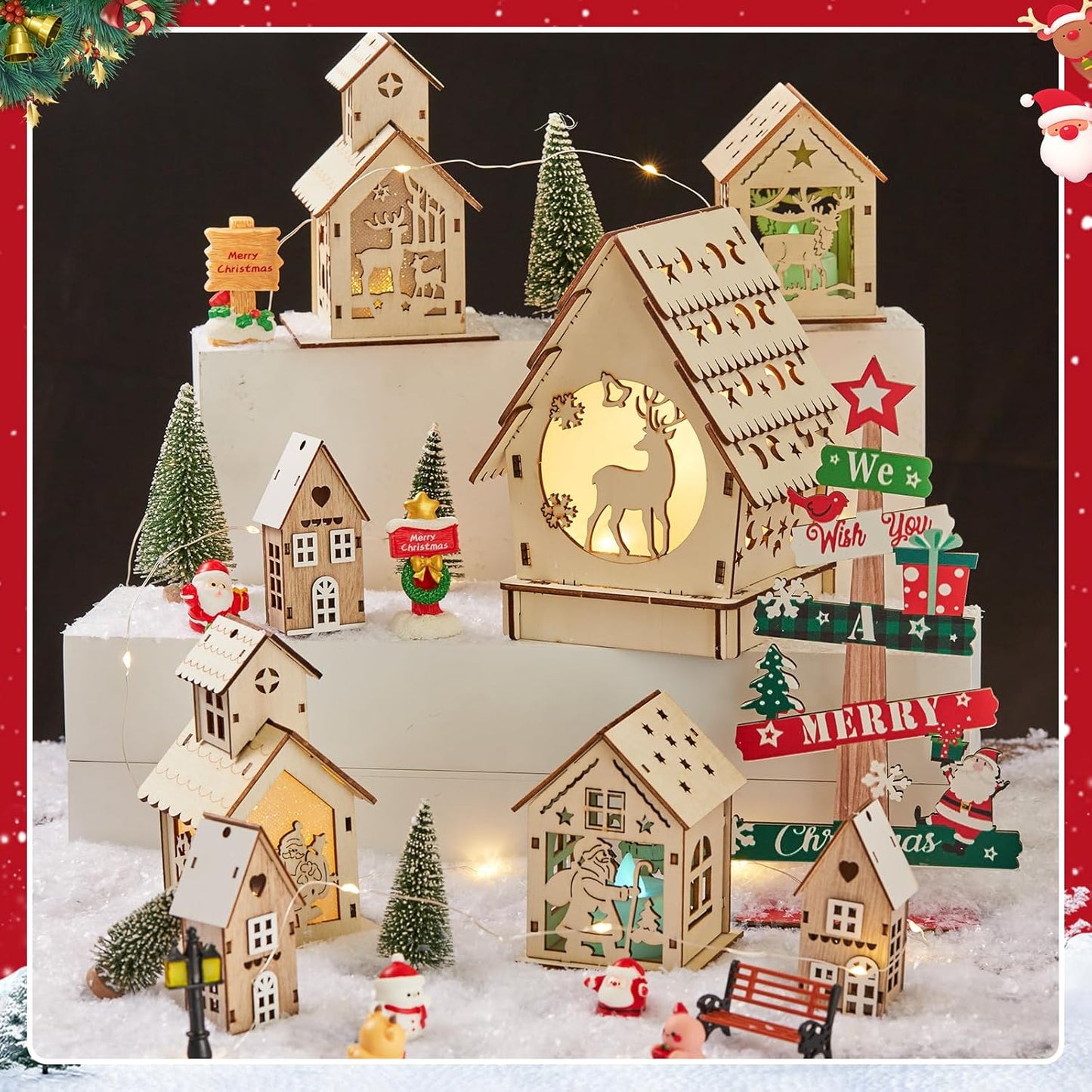 Skiennix 29-Piece Christmas Village Set - Lighted Wooden Houses & Miniature Trees for DIY Crafts