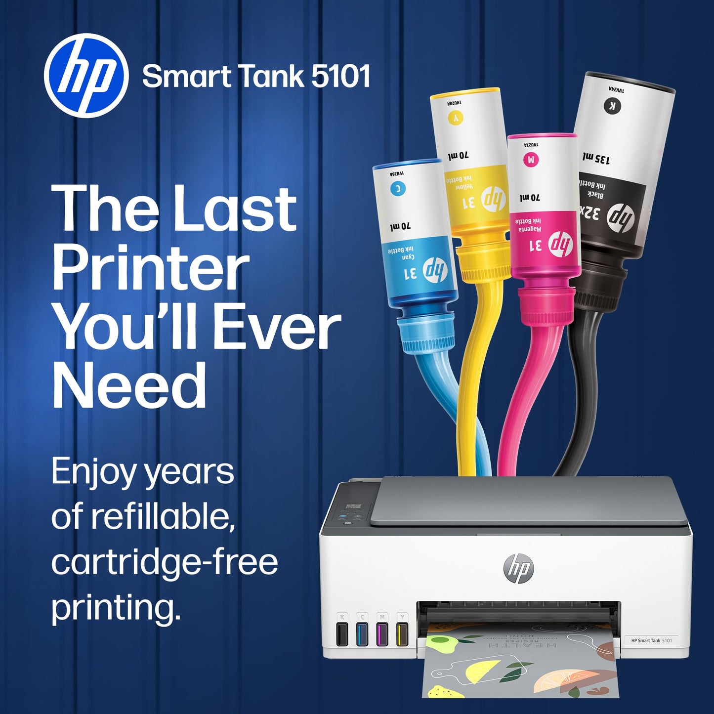 HP Smart Tank 5101 Wireless All-in-One Refillable Printer, Scanner, Copier with 2 years of Ink included, Wireless printer-for-home use. (1F3Y0A)