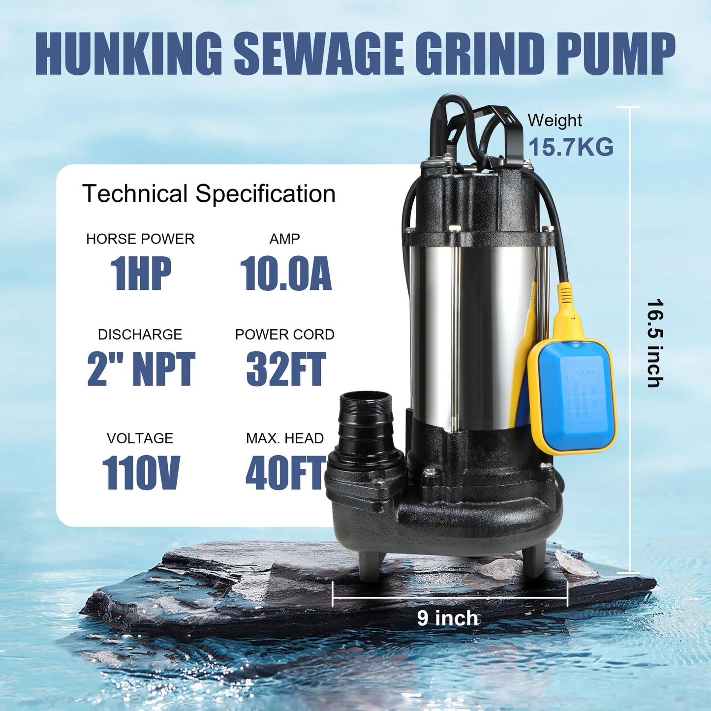 Sewage Grinder Pump, 1HP Submersible Sump Pump, 110V 6400GPH Stainless Steel Effluent Pumps with Automatic Float Switch, 2'' NPT Discharge for Basement, Sump Basin, Sewage Well