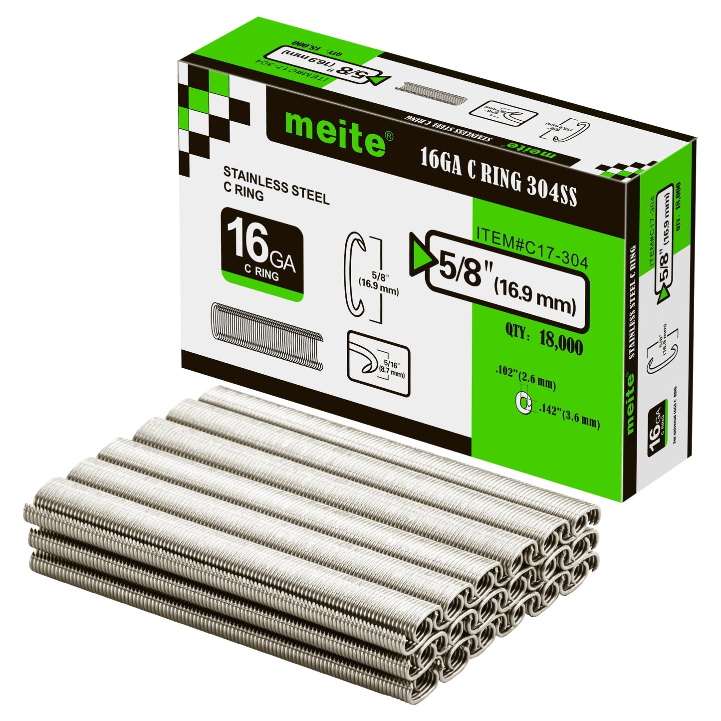 meite 16 Gauge 1/2" Hog Rings, 304 Stainless Steel Hog Ring Staples for SC760C Hog Ring Stapler, C Ring Staples for Outdoor Pet Cages, Coastal Fencing, Marine Netting (18,000 Counts)