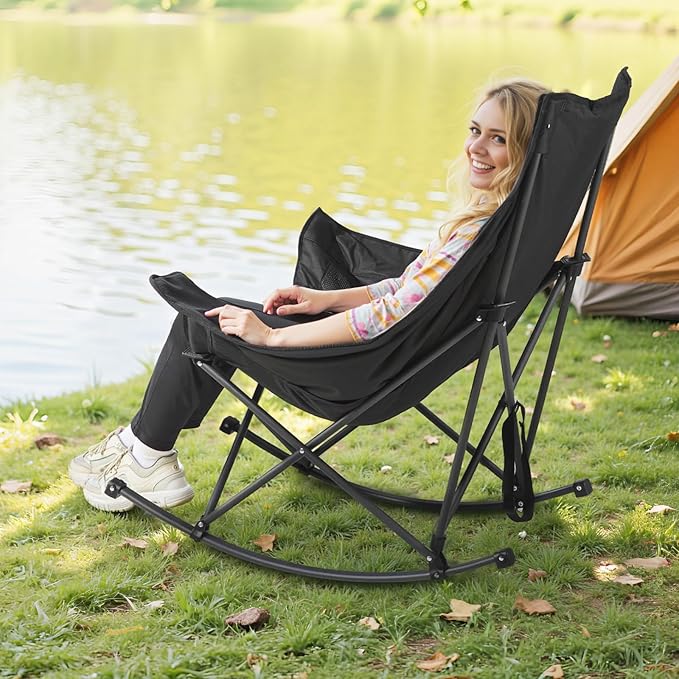 VEVOR Heated Camping Chair, 3 Heating Settings, Large-Sized Padded Folding Rocker, Heavy Duty Outdoor Lawn Chairs with Pocket & Cupholder, Support 225lbs, Portable Heated Chair for Sports Winter Use