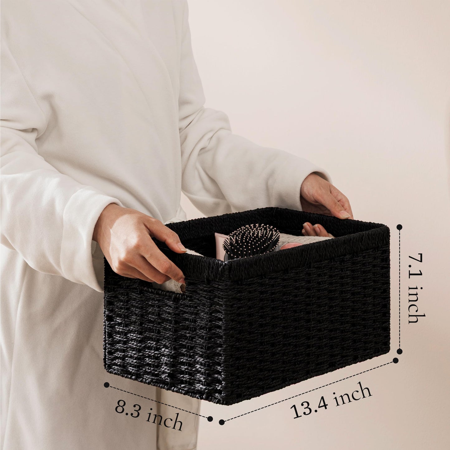 UBBCARE 2 Pack Wicker Basket, 13.4L×8.3H×7.1W inch Woven Paper Rope Storage Baskets for shelves, Foldable Rectangular Storage Baskets with Handle, Storage Basket for Organizing, （Black,2pack Medium）