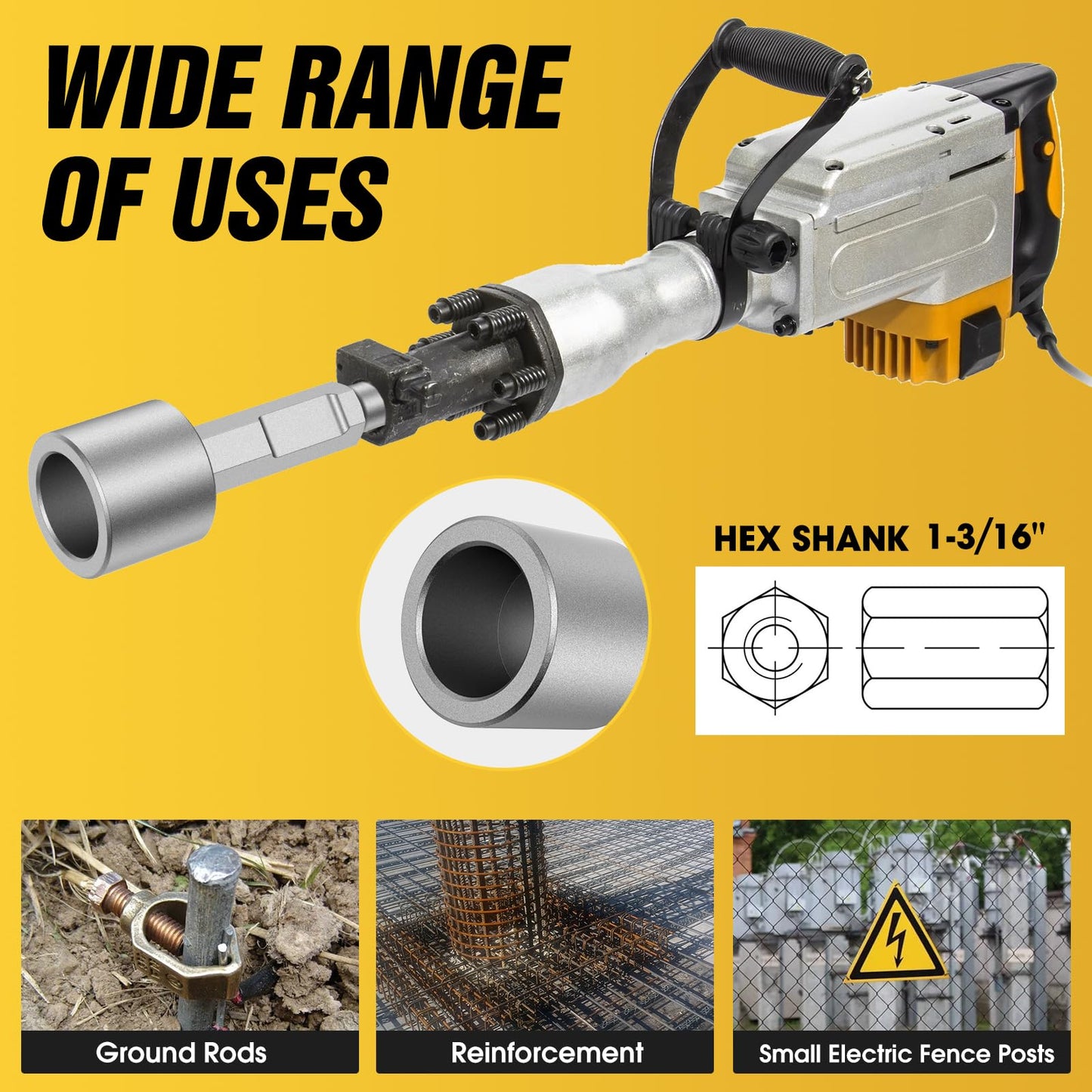 Ground Rod Driver & T-Post Driver, 65A Shank 1-3/16" Hex Jackhammer Attachment for Demolition Hammer, Heavy-Duty Fence Post Driver for Vevor Jackhammer, Rebar & Grounding Rod Driver