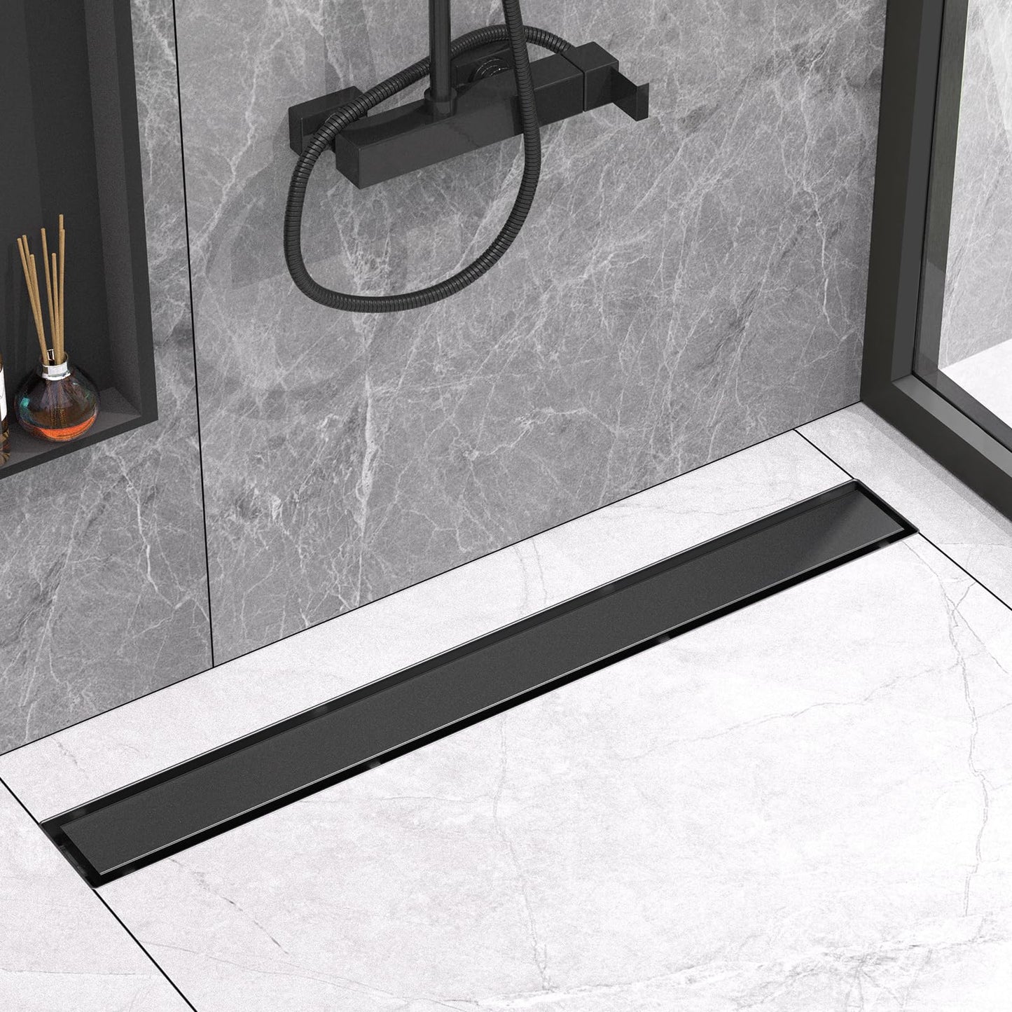 YEFU Black Linear Shower Drain for Bathroom: 42 Inch Shower Drain with Tile Insert Grate - 304 Stainless Steel Rectangle Linear Drain - 2-in-1 Matte Black Shower Floor Drain