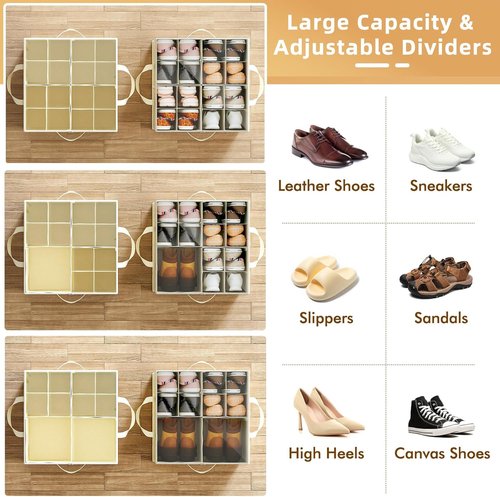 NestOrganix Shoe Organizer - 2 Pack Large Foldable Storage Boxes with Adjustable Dividers | Beige