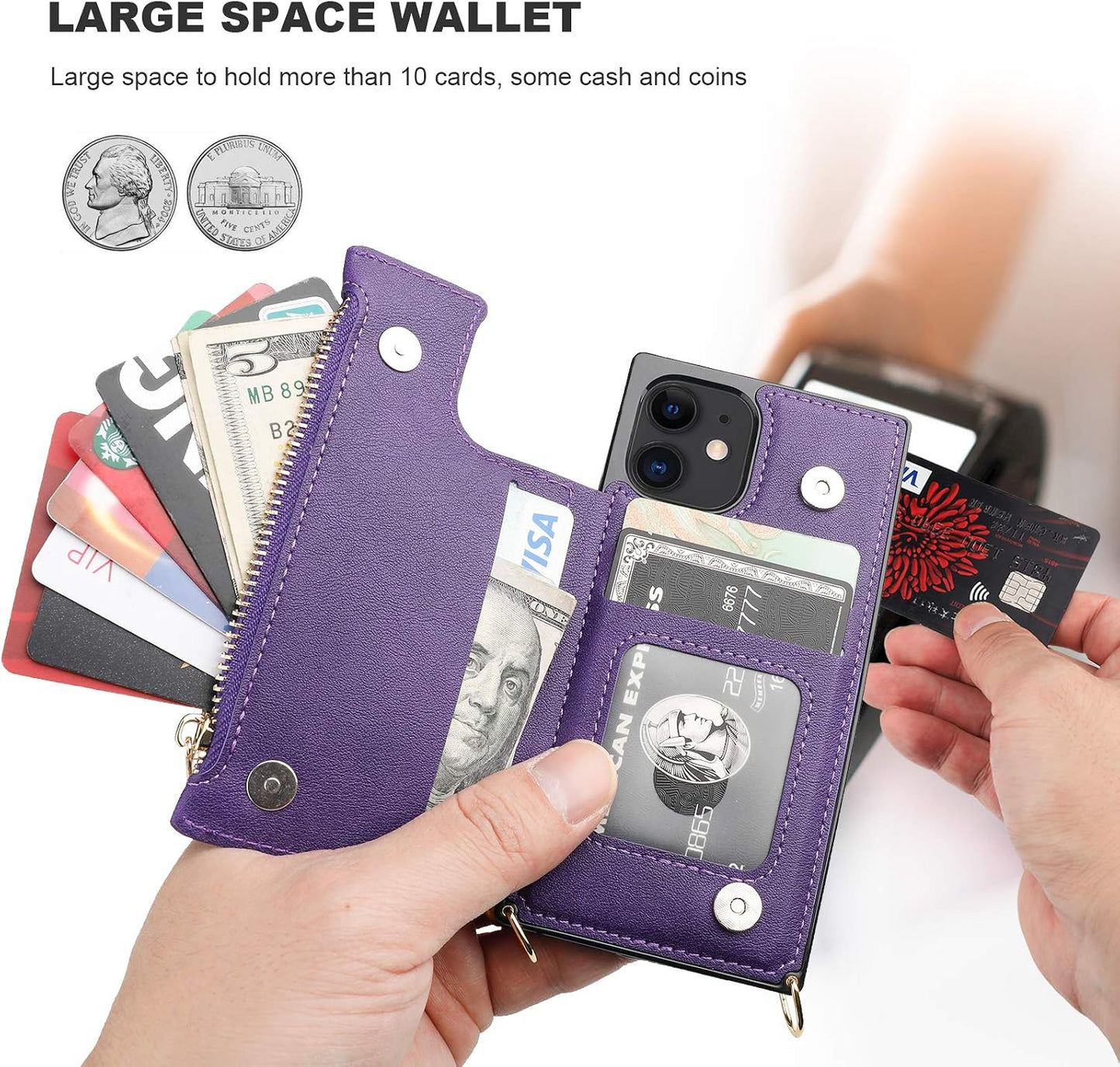 Bocasal 12/12 6.1 Inch(Purple) Crossbody Wallet Case for iPhone Pro with Card Holder,Zipper Card Slot Protector