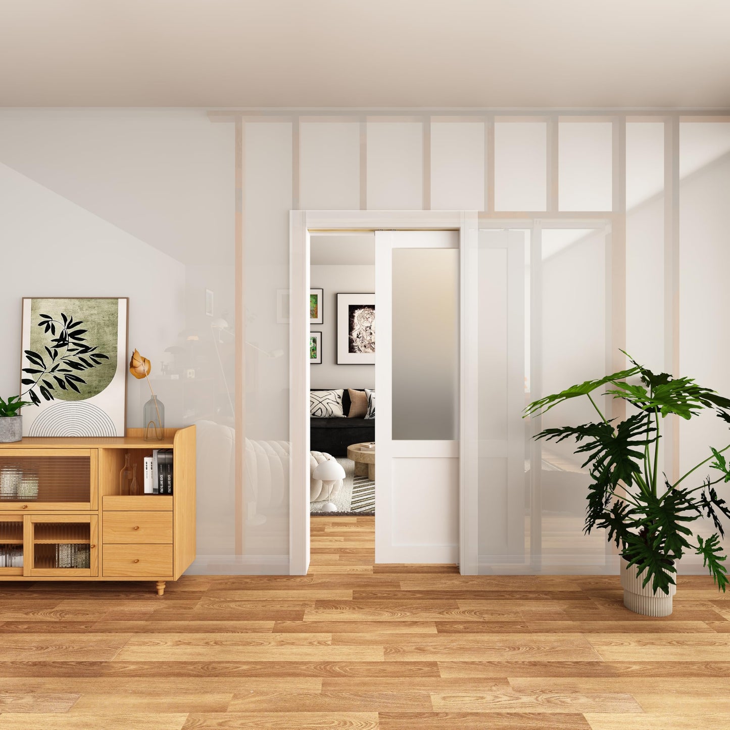 JUBEST Pocket Door 36"x80", 2-Panel Tempered Frosted Glass Sliding Pocket Door with Soft Close Hardware Kit, Sturdy Solid Wood & MDF with Water-Proof PVC Surface, White