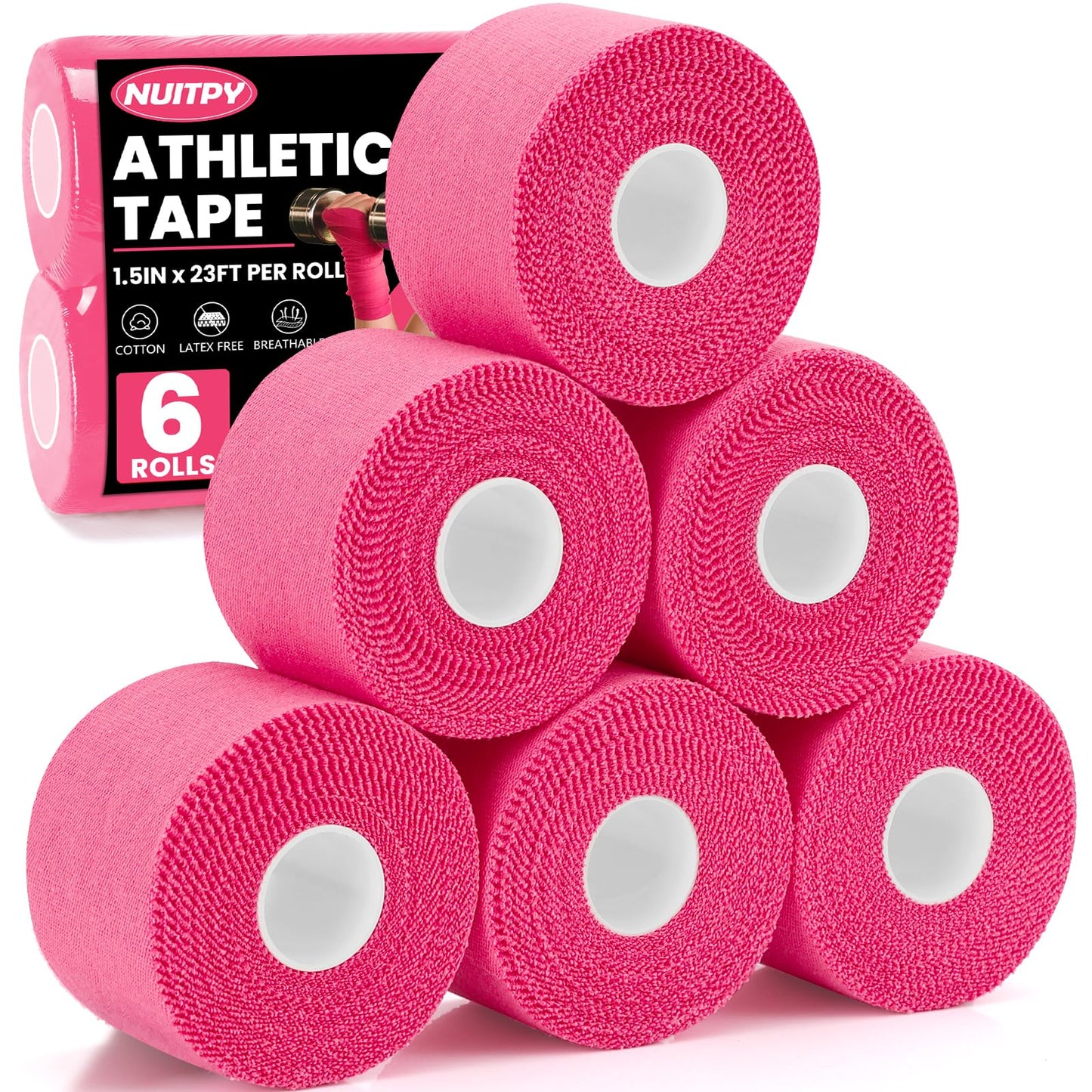 NUITPY 6 Pack Athletic Tape, Pink Sports Tape, Easy Tear Wrist Tape, Strong Adhesion Tapes for Boxing, Gymnastics, Hockey, Soccer, Lacrosse and First Aid
