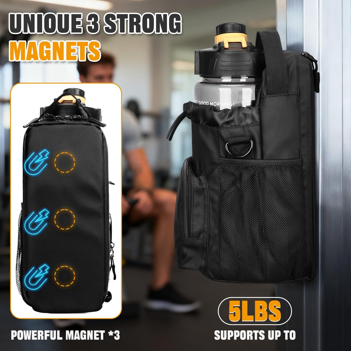HUNTVP Magnetic Gym Bag Water Bottle Carrier Holder with Shoulder Strap & Phone Pockets, Magnetic Water Bottle Bag Pouch for Gym Fitness Essentials Accessories for Men and Women