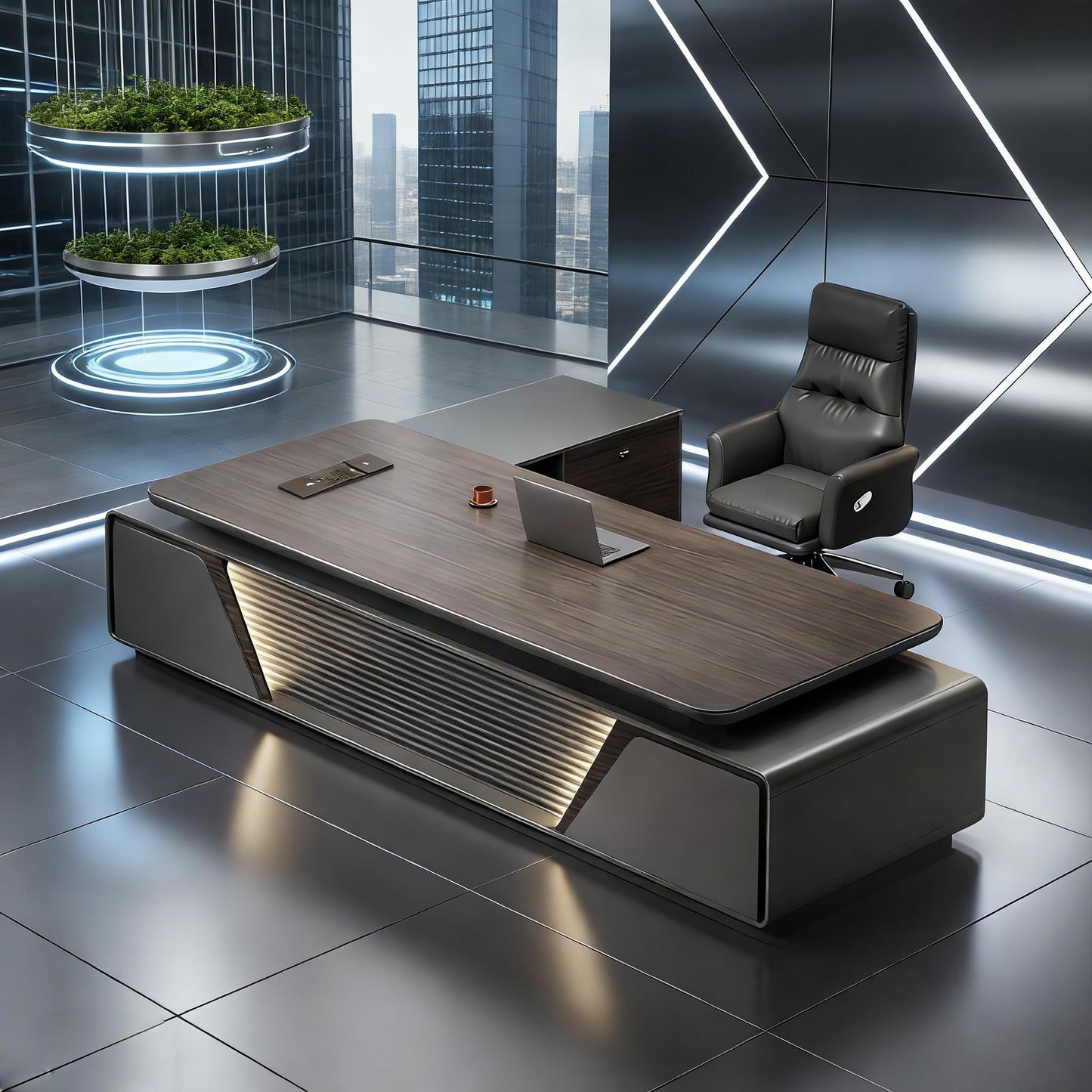 Modern L-Shaped Executive Desk with Drawers, Wooden Office Desk with Hidden Power Outlet, Digital Combination Lock, Aluminum Inlaid Desktop for Home & Professional Office